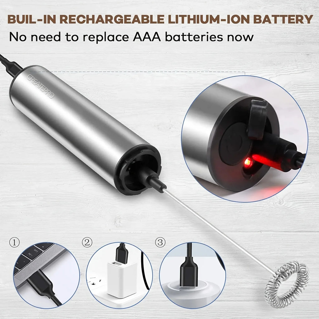 Rechargeable Stainless Steel Milk Frother 2 Speeds for Latte Cappuccino Espresso Home and Barista Use